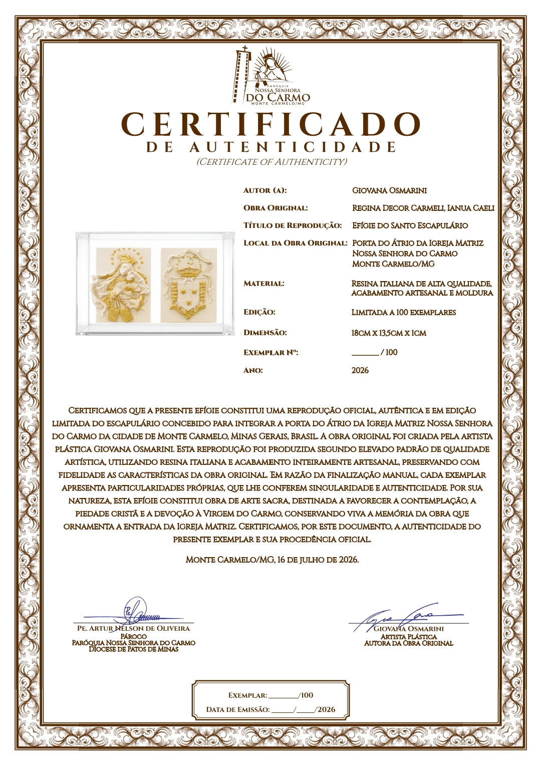Certificado de Autenticidade da Efígie do Santo Escapulário
